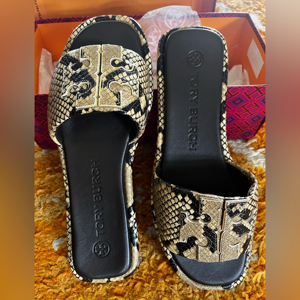 Barely worn “like new” Tory Burch sandals. Leather snake print
